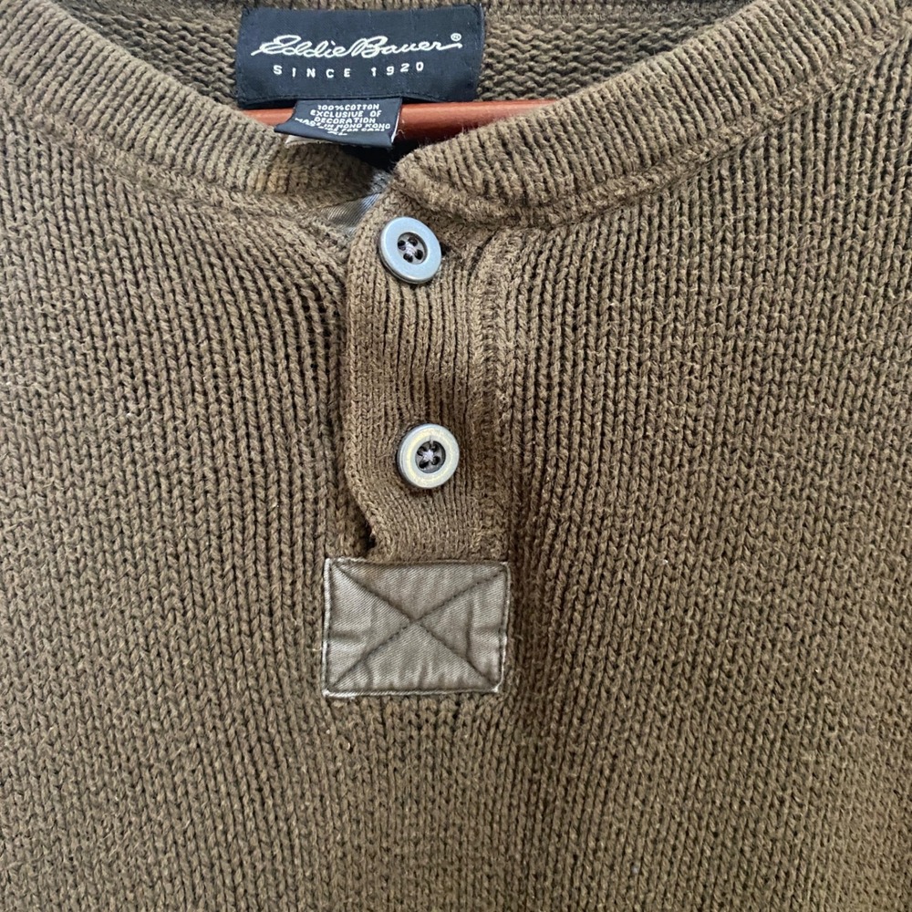Eddie Bauer Henley Pullover Sweater Mens XL Green Cotton Chunky Farm Outdoor - Picture 3 of 8